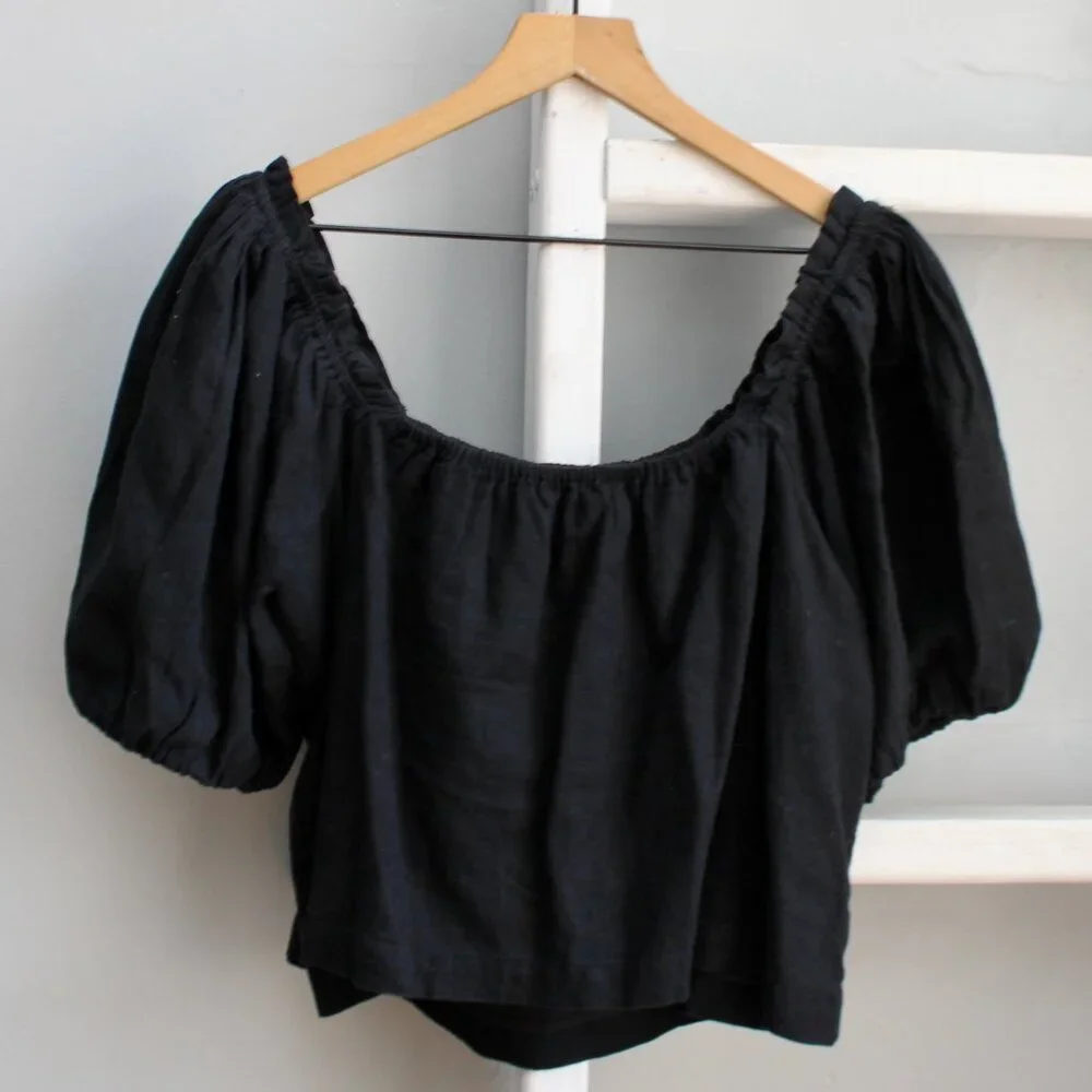 Abercrombie & Fitch x Tia Booth Black Linen Poof Sleeve Crop Top Size Large - Picture 3 of 5